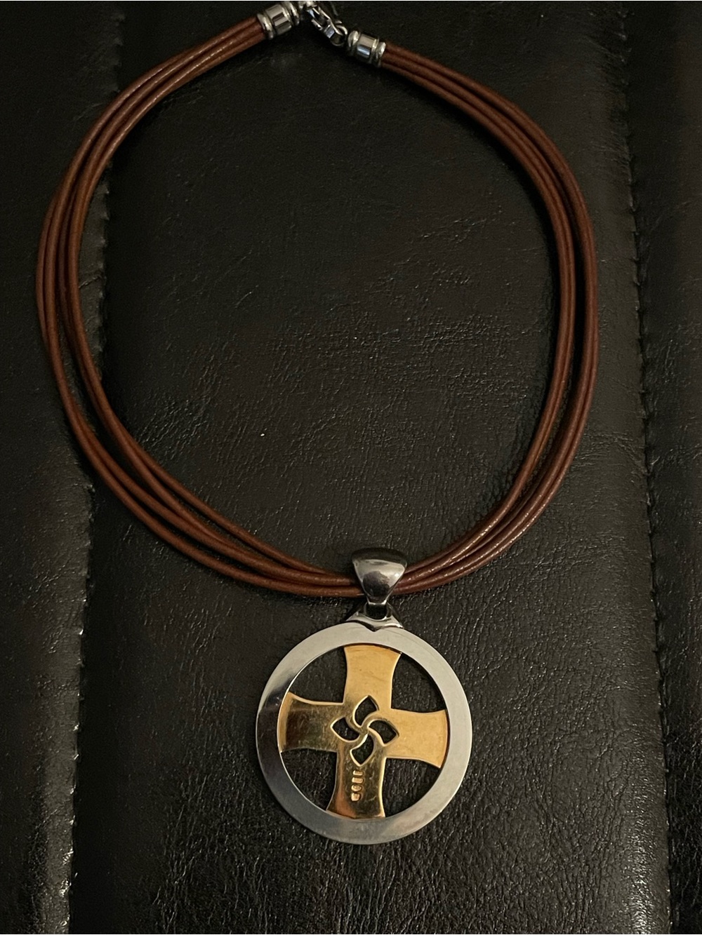 Bvlgari 18K Yellow Gold Steel Tondo Cross Circle Pendant On Bvlgari Leather Cord